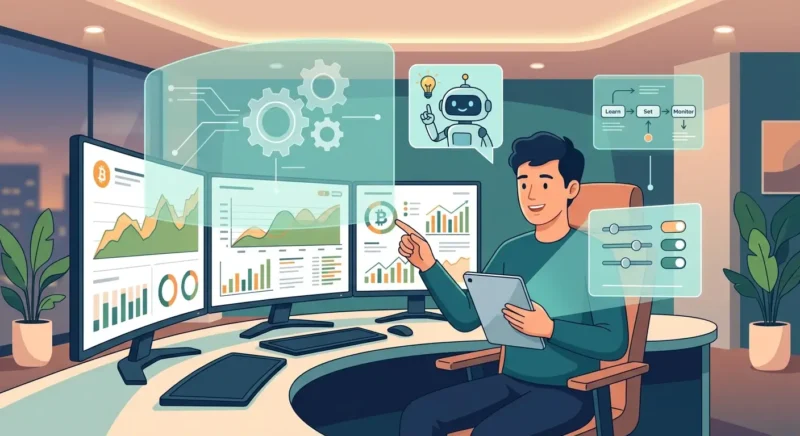 แผนภาพสถาปัตยกรรมตามขั้นตอนการรวบรวมข้อมูล การวิเคราะห์กลยุทธ์ และการดำเนินการของระบบเทรดอัตโนมัติ