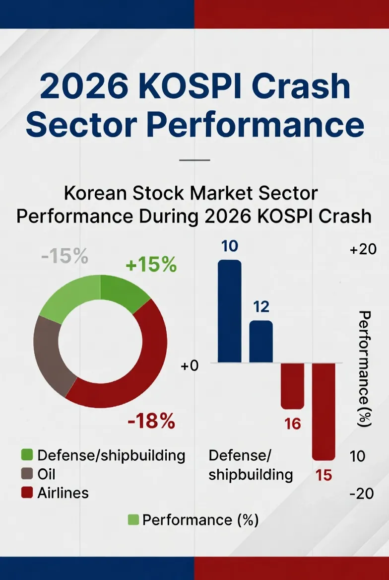KOSPI各行业涨跌幅对比表（国防、造船上涨 vs 炼油、航空下跌）
